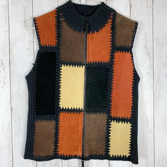 Planet & Company Suede Leather Sweater Zip Vest Colorblock Patchwork Sz M Petite - Picture 3 of 10